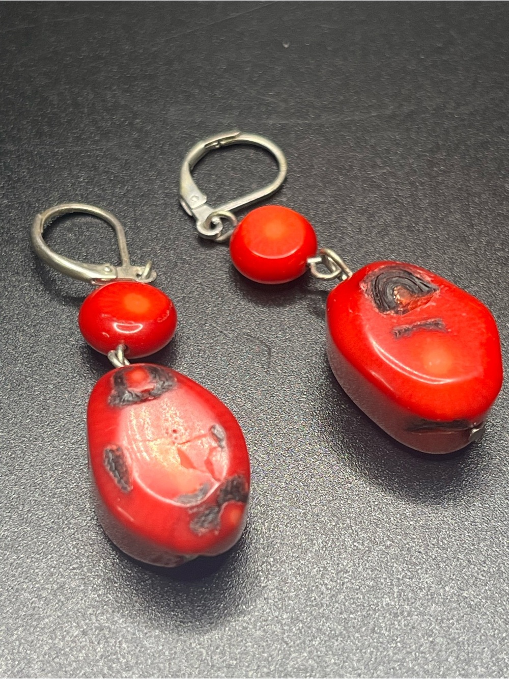 Dyed Bamboo Coral Dangle Earrings Red Coral Bead Leverback Hooks